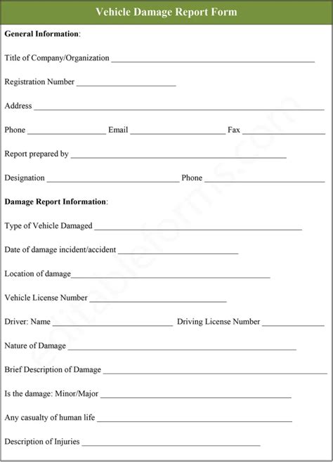 Printable Vehicle Damage Report Template