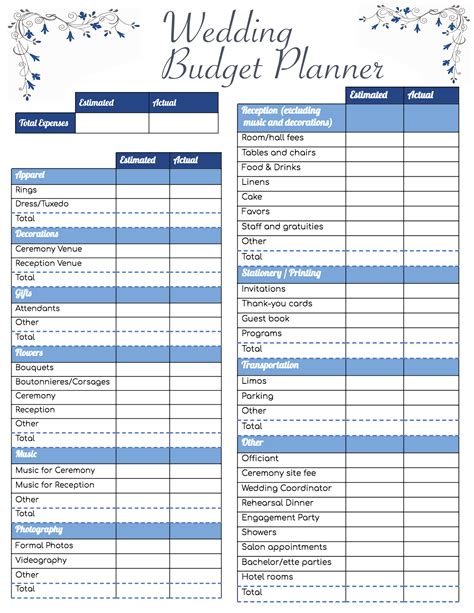 Printable Wedding Budget Template