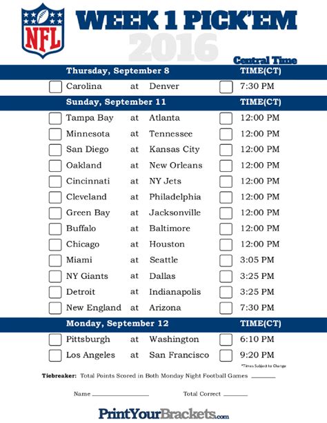 Printable Week 1 Nfl Schedule