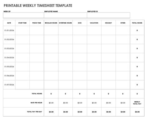 Printable Weekly Timesheet Template