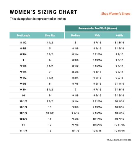 Printable Womens Shoe Size Chart