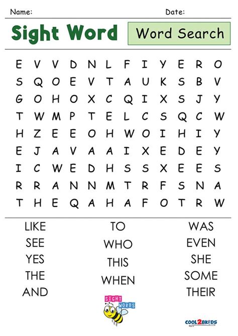 Printable Word Search For Kindergarten