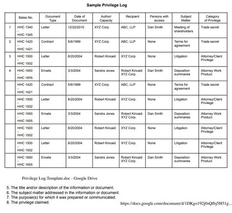 Privilege Log Template