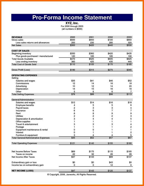 Pro Forma Financial Statement Template