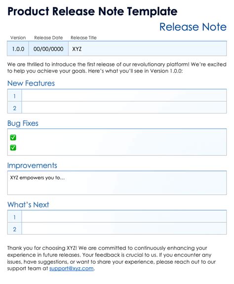 Product Release Note Template