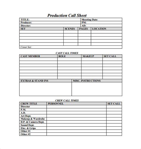 Production Call Sheet Template