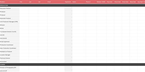 Production Crew List Template