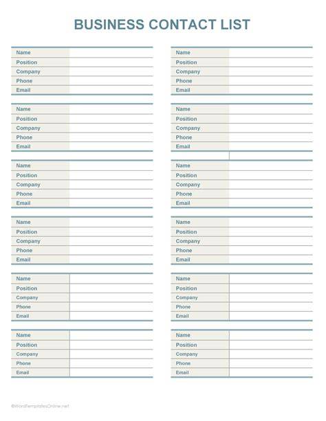 Professional Contact List Template Word
