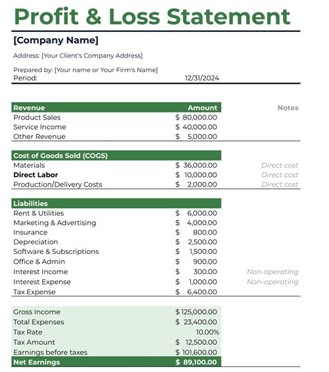 Profit And Loss Statement Excel Template