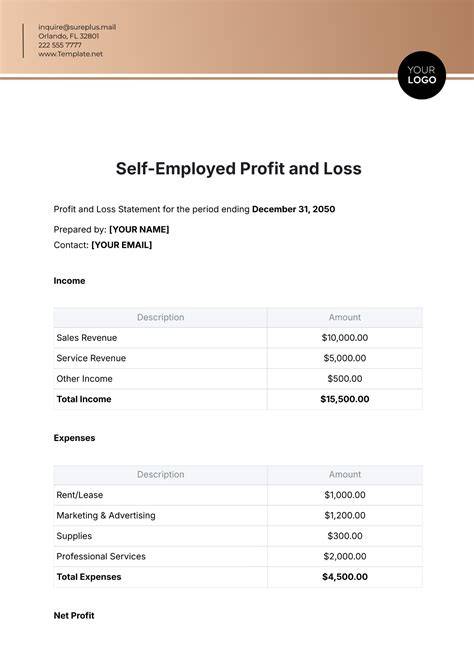 Profit And Loss Statement For Self Employed Template