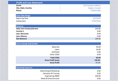 Profit And Loss Statement Template Free Excel