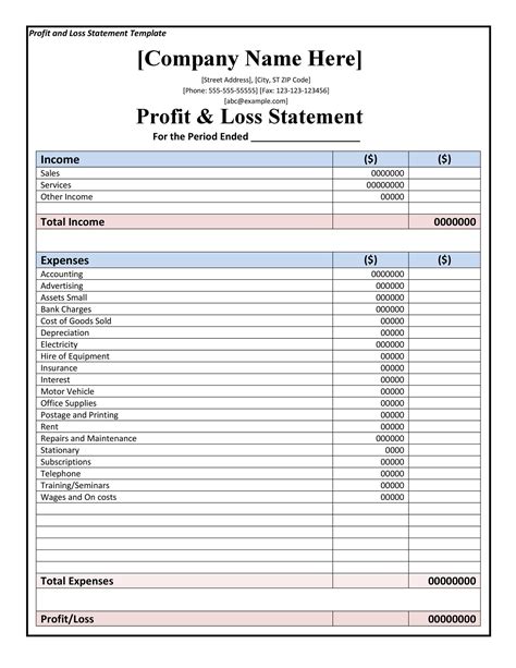Profit And Loss Statement Templates