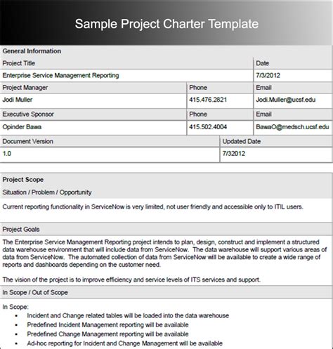 Project Charter Template Example