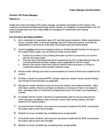 Project Manager Position Description Template