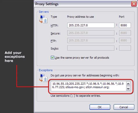 Proxy Settings - Exceptions