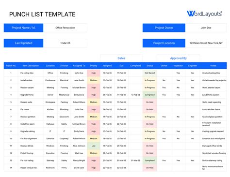 Punch List Template Xls