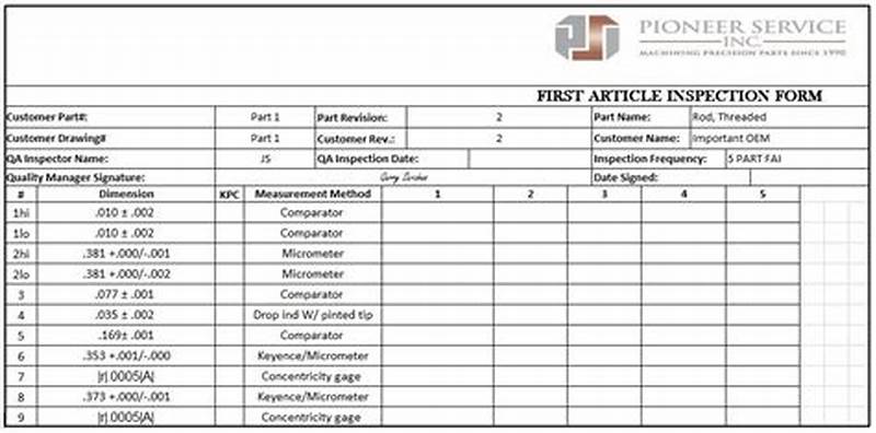Quality Control First Article Inspection Form Excel