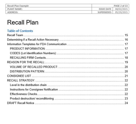 Recall Plan Template