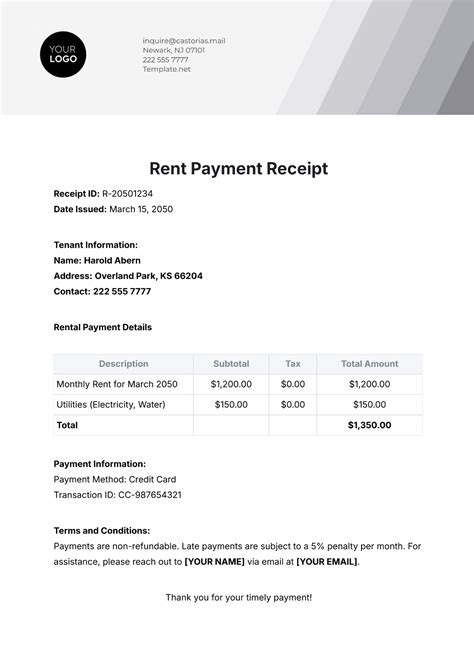 Receipt For Rent Payment Template