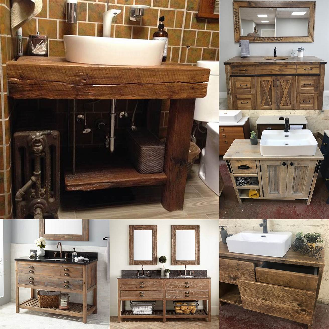 Reclaimed wood vanity with a modern sink and faucets