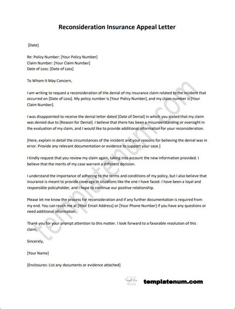 Reconsideration Insurance Appeal Letter Template