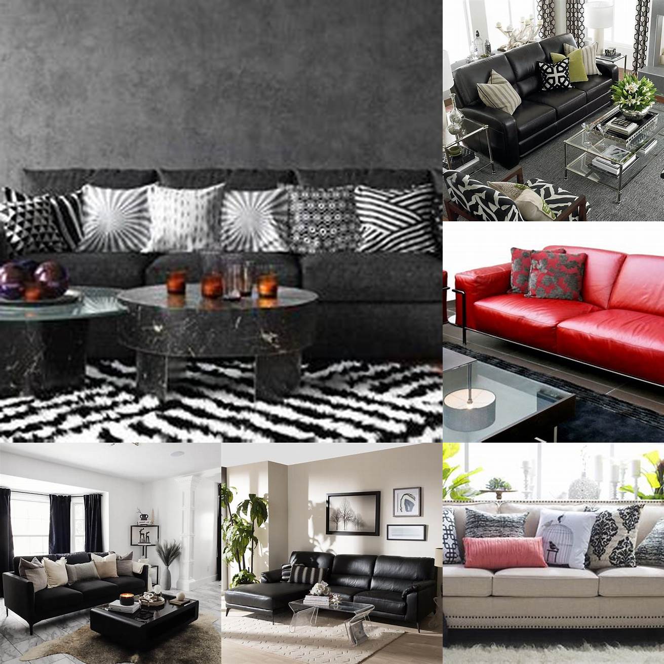 Red and black accent pillows on a black leather sofa