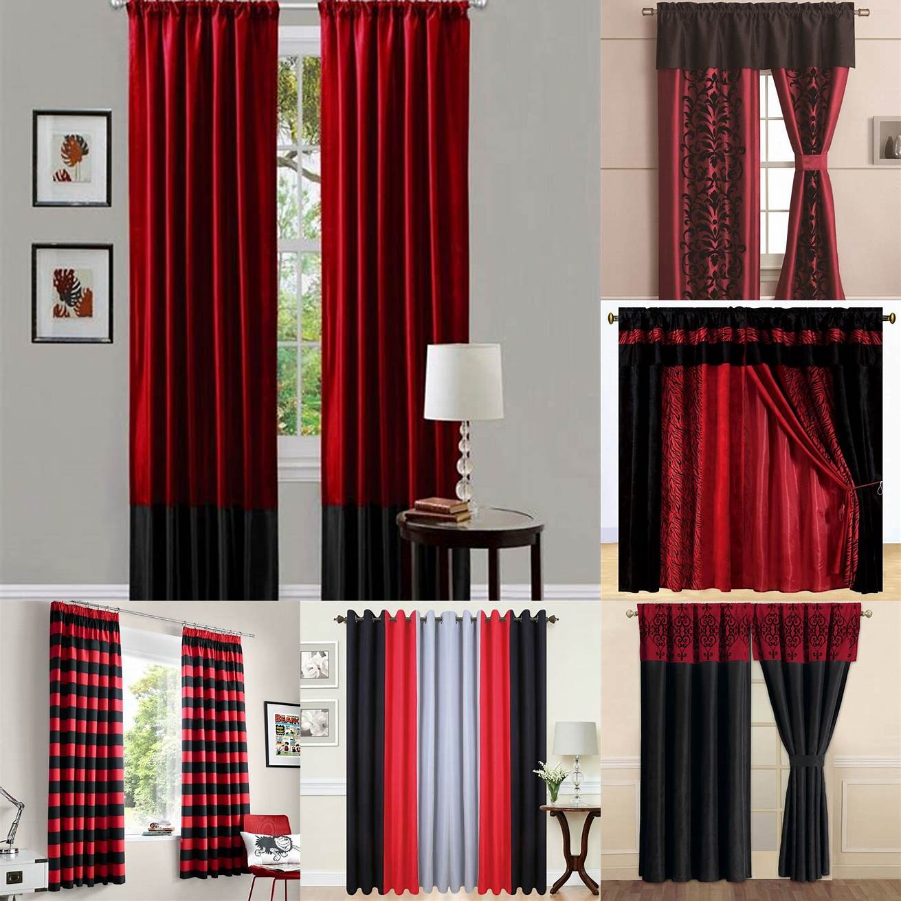 Red and black curtains in a bedroom