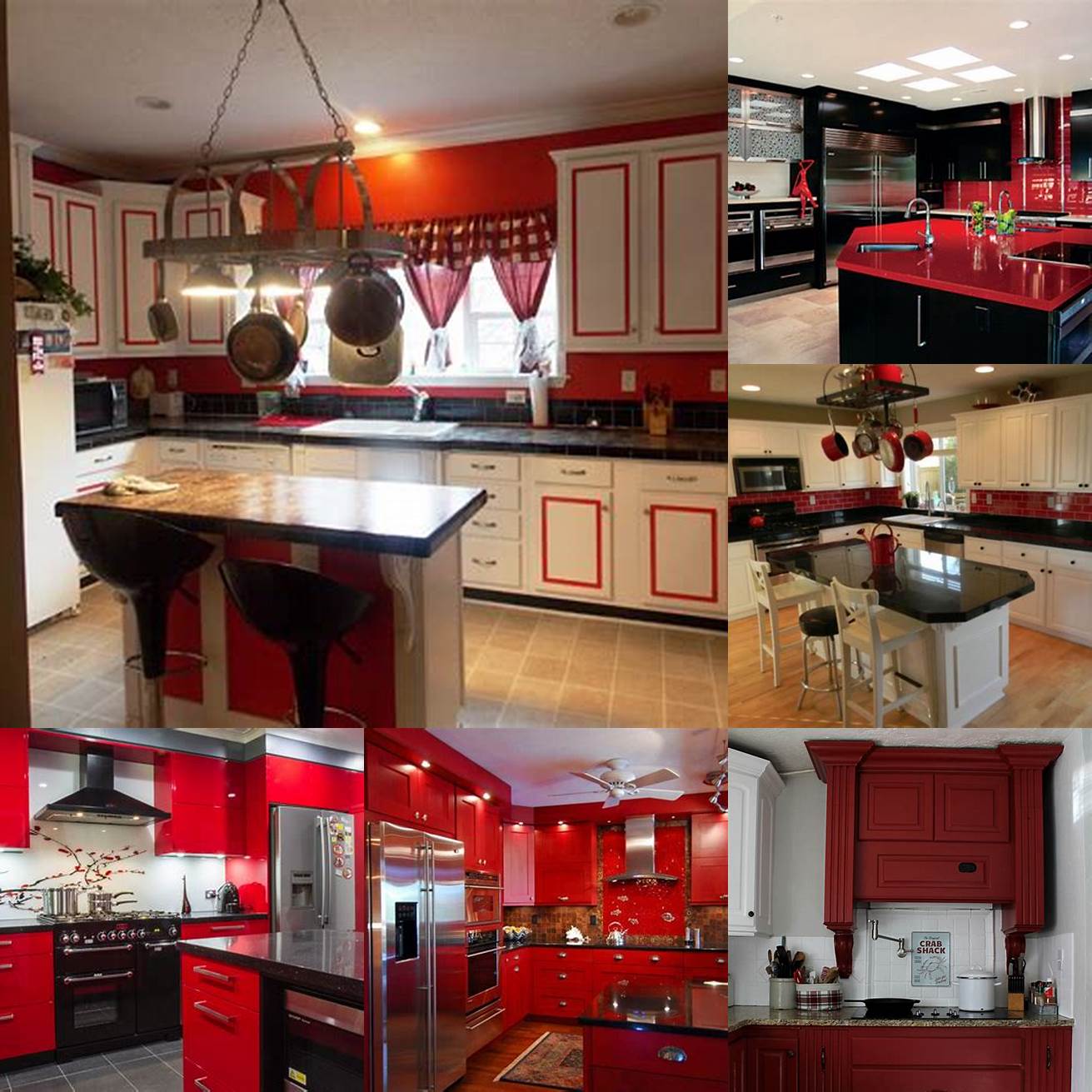 Red kitchen cabinets paired with a black and white mosaic tile backsplash