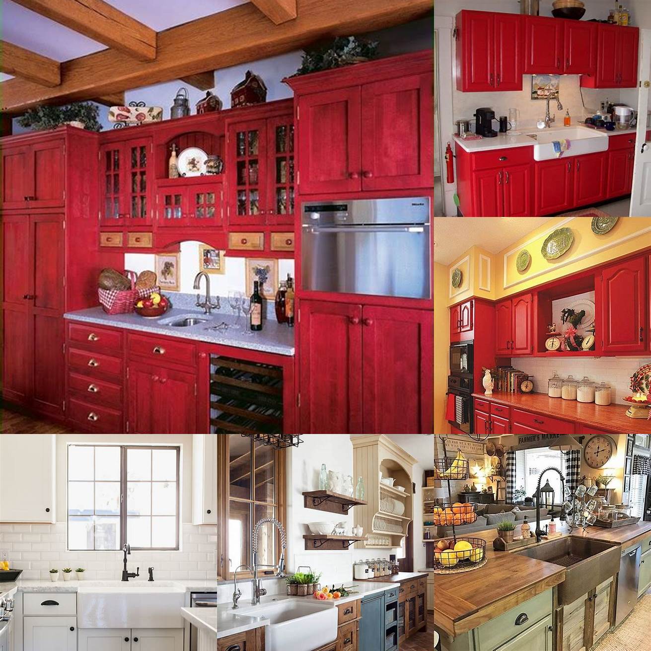 Red kitchen cabinets paired with a white farmhouse sink and open shelving