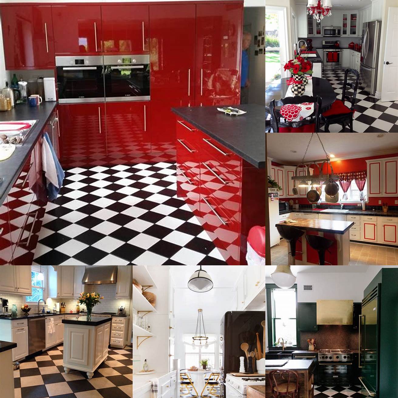 Red kitchen cabinets with black and white checkered floors