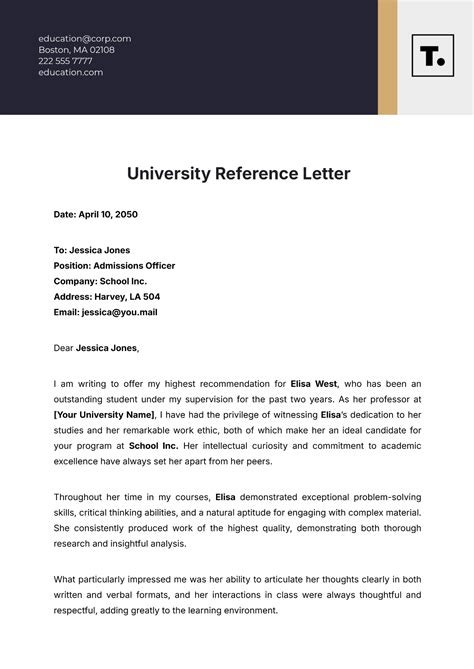 Reference Letter Template For University Admission