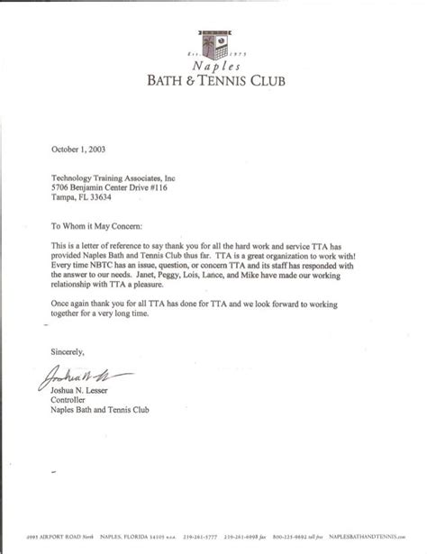 Reference Letter for Club Membership