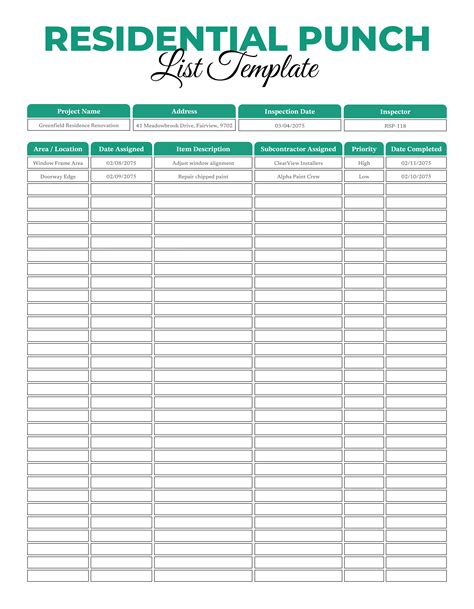 Residential Punch List Template