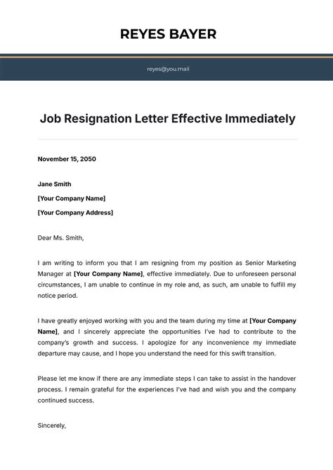 Resignation Letter Effective Immediately Template