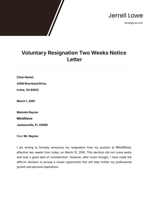 Resignation Letter Two Weeks Notice Template