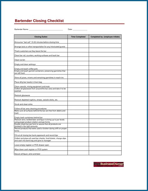 Restaurant Closing Checklist Template