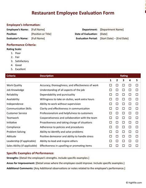 Restaurant Employee Performance Review Template