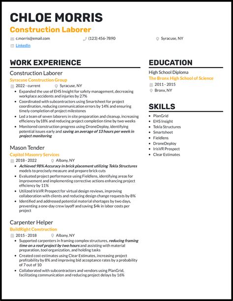 Resume Template For Construction Laborer