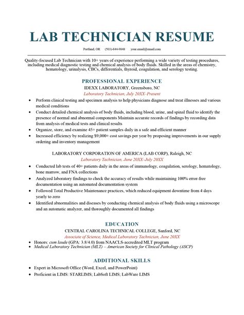 Resume Template For Lab Technician