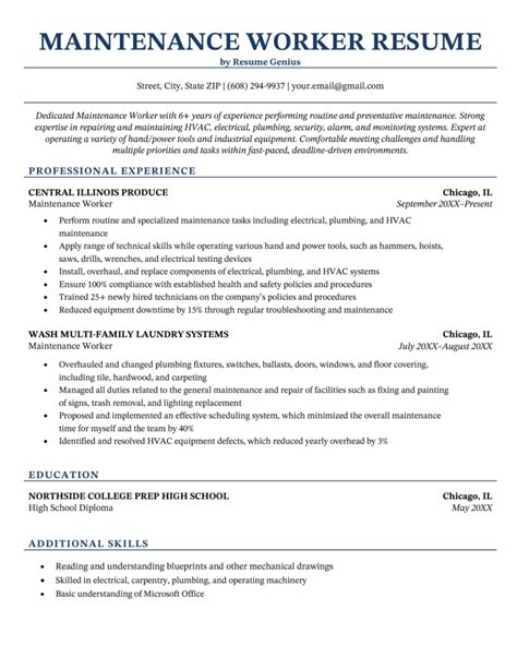 Resume Template For Maintenance Position