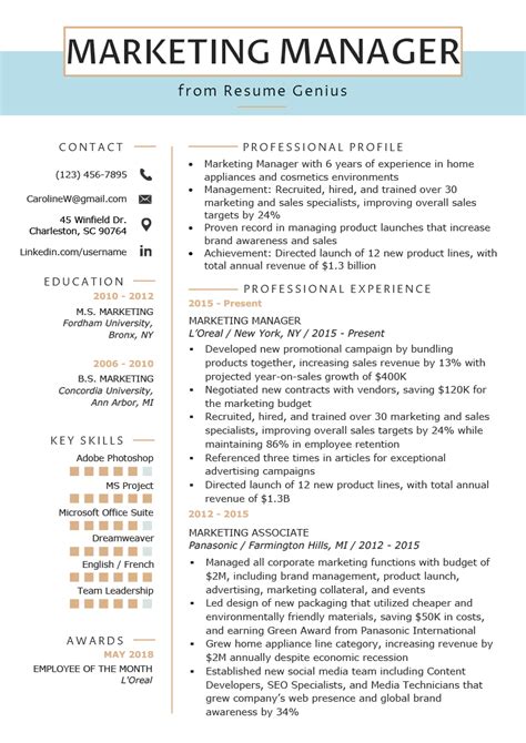 Resume Template For Marketing Manager