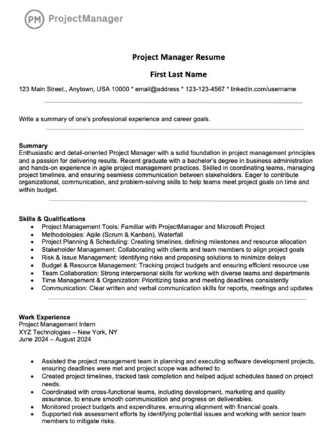 Resume Template For Project Manager