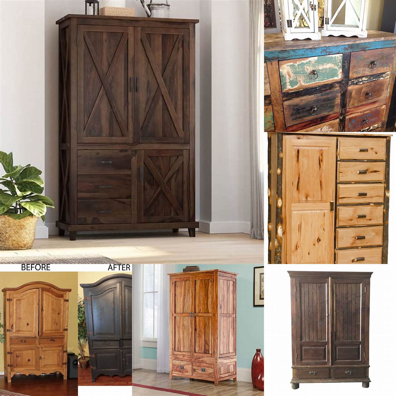 Rustic Armoires These are made of natural materials like wood and have a distressed finish