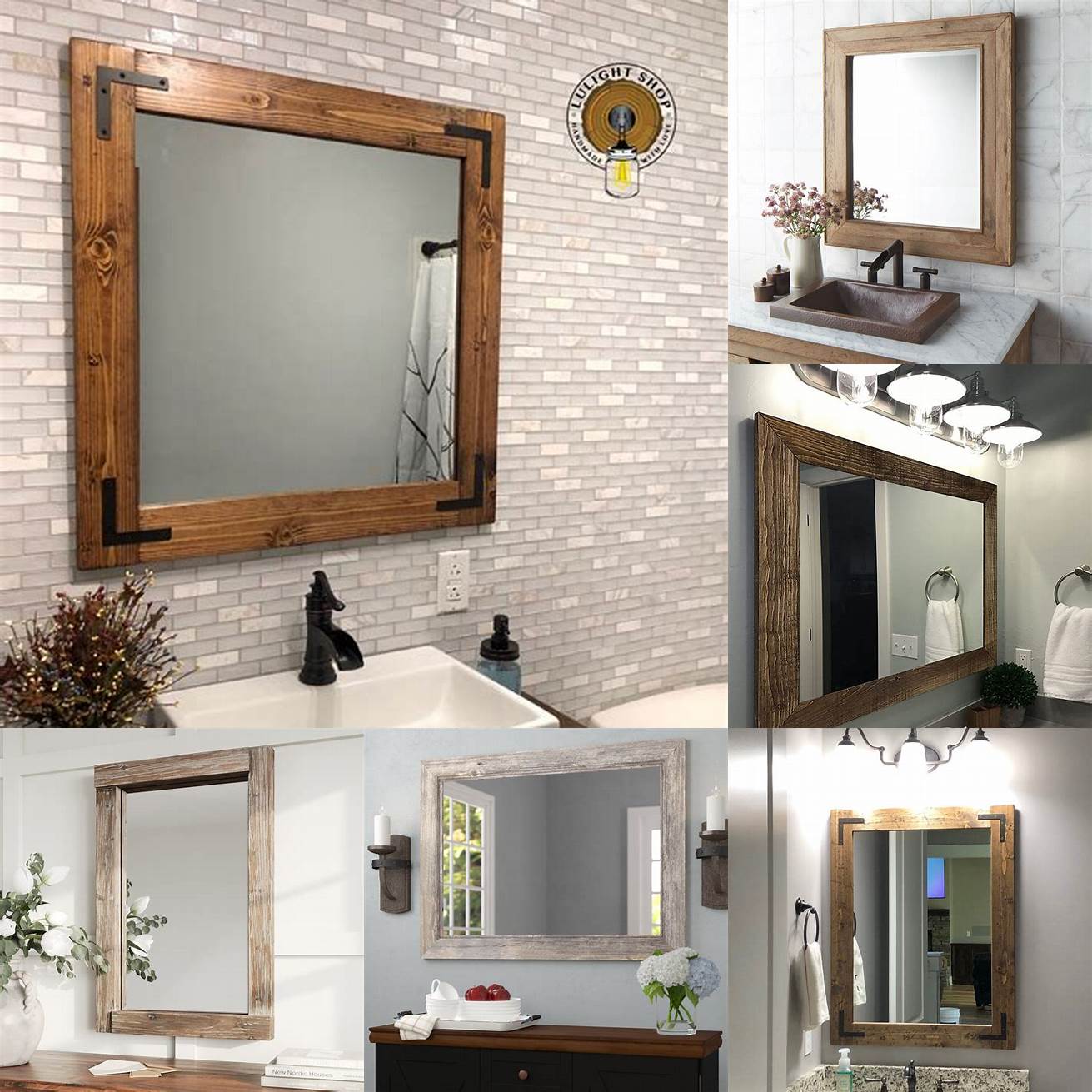 Rustic framed bathroom mirror with distressed wood frame