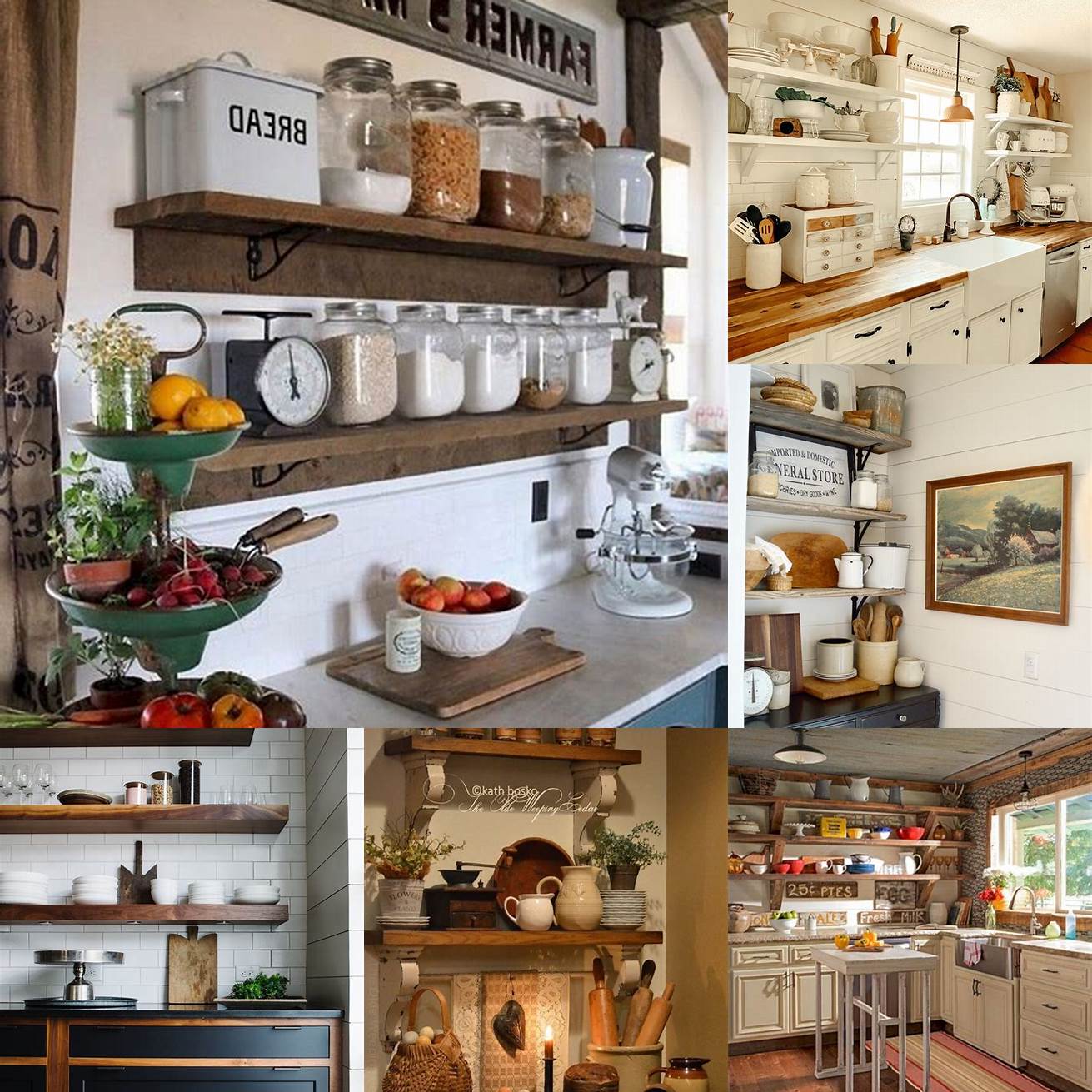 Rustic kitchen with open shelving and vintage accents