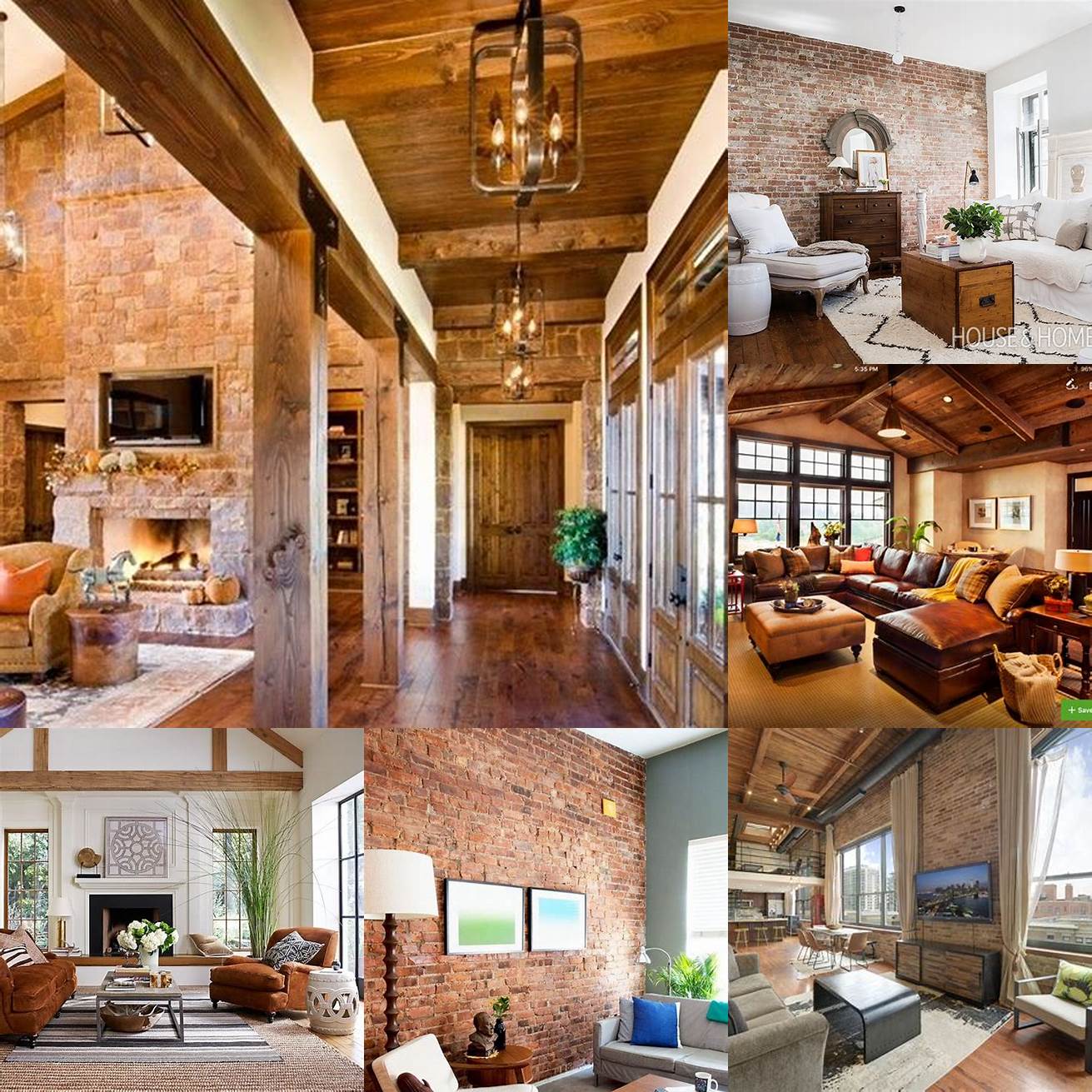 Rustic living room with exposed brick and natural wood accents