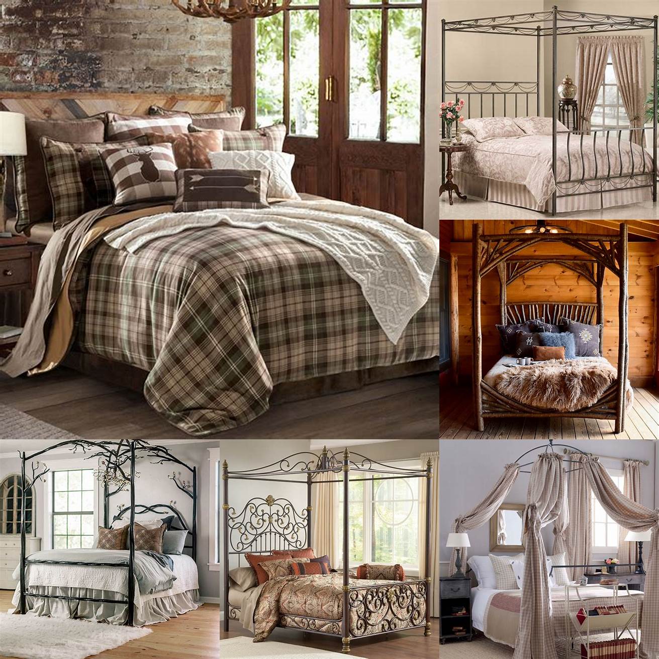 Rustic metal canopy bed with plaid bedding