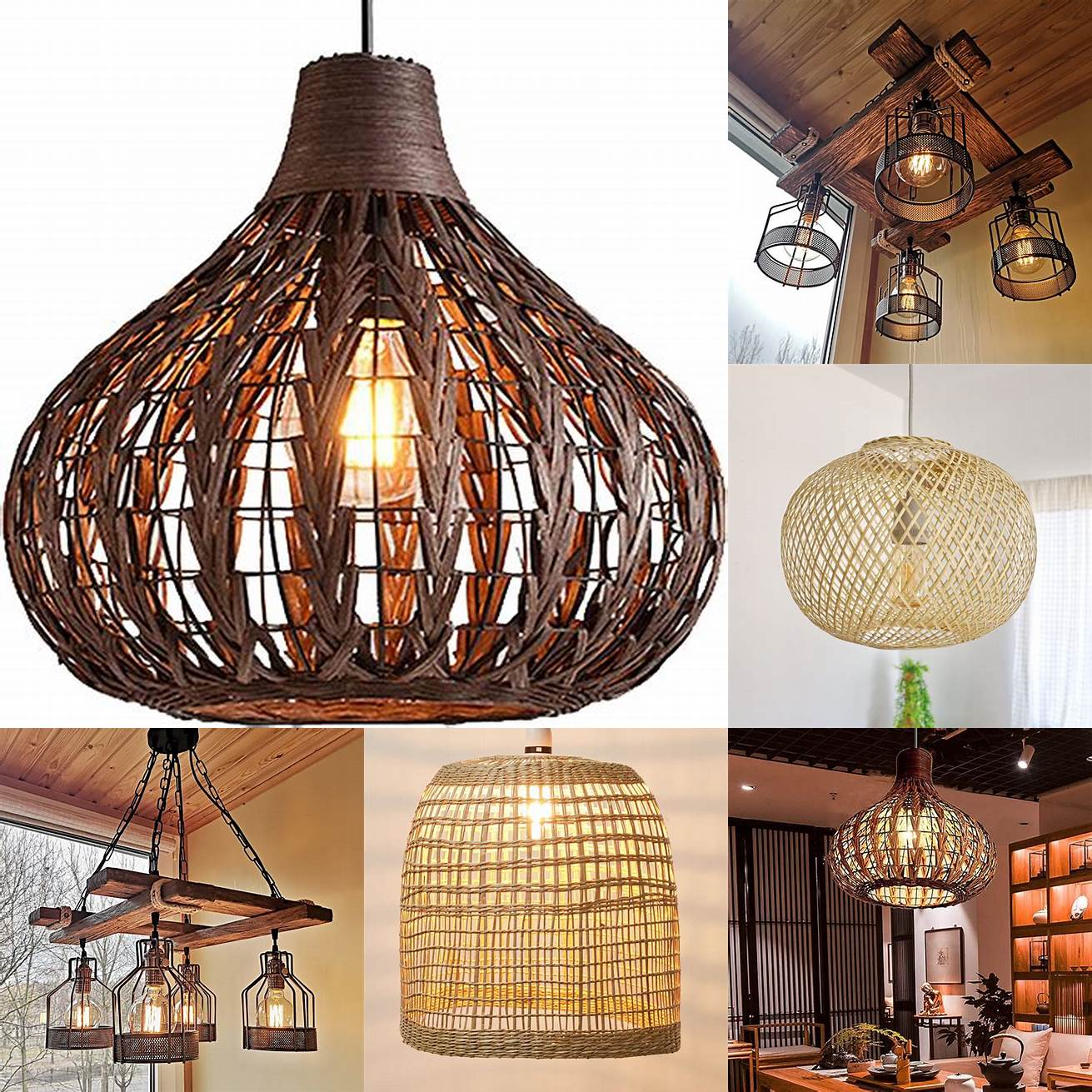 Rustic wooden pendant lights with woven shades