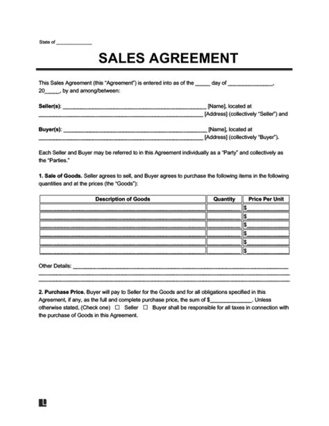 Sales Agreement Template Free