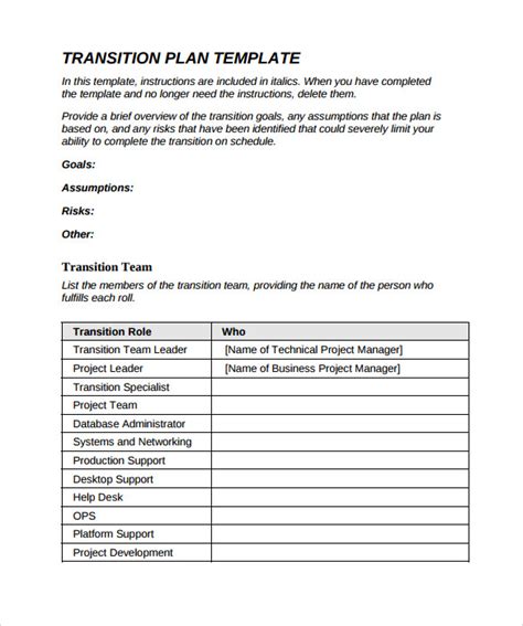 Sample Job Transition Plan Template